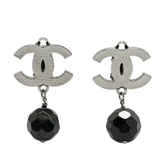 CHANEL CC Logos Black Rhinestone Ball Clip-On Earrings Silver Tone 10V Auth - Picture 1 of 15